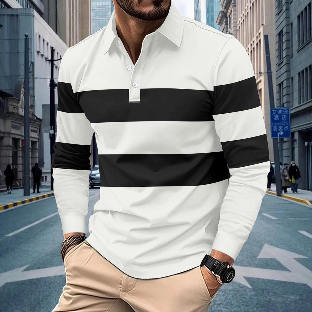Spring Autumn Men's Polo Shirt Patchwork Fashion Casual T-shirt with Lapel Stripes Long Sleeved Sports Polo Shirt Men's Top