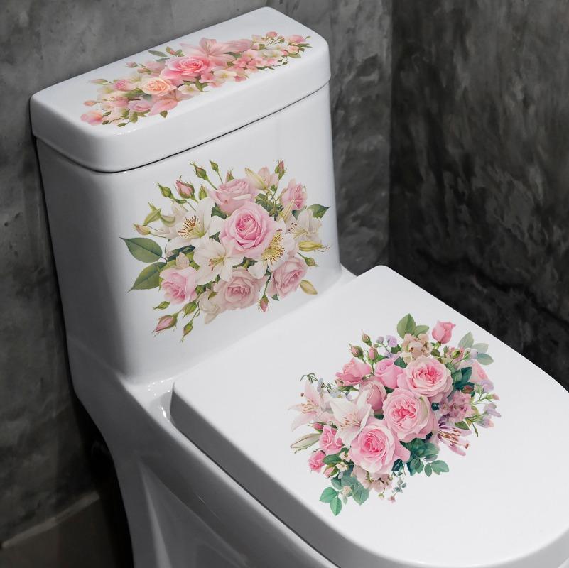 Rose Lily Toilet Sticker Bathroom Self-Adhesive Decal for Toilet Seat & Tank Cover