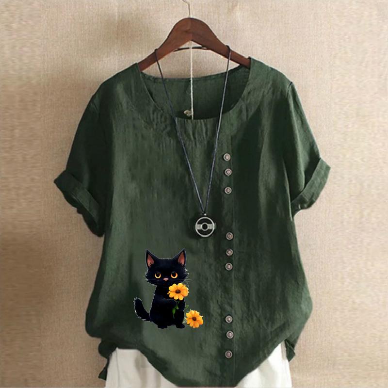 Женская модная футболка с коротким рукавом и милым принтом в виде кошачьего цветка, свободная хлопковая рубашка, повседневная свободная летняя блузка, топы больших размеров