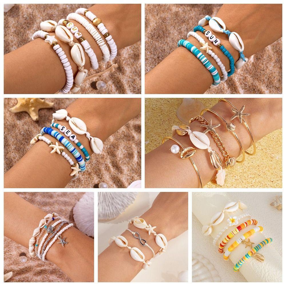 Colorful Ocean Style Hand Chain Sweet Bohemia Bracelet Set Vintage Starfish Shell Bracelet  Beach