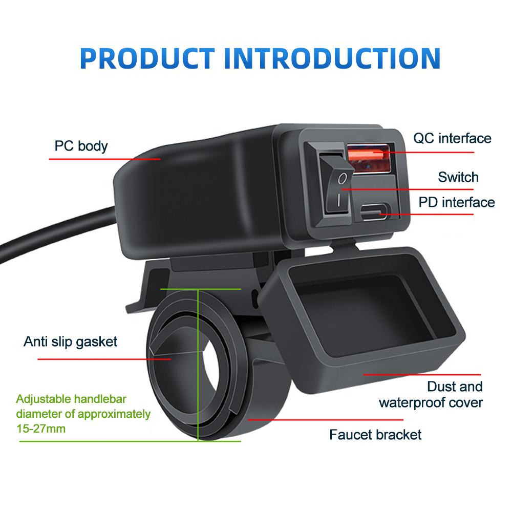 PD QC Мотоциклетное зарядное устройство 60 Вт USB Быстрая зарядка Водонепроницаемое Зарядное устройство с кронштейном для крепления на руль для мотоцикла Адаптер с розеткой с переключателем