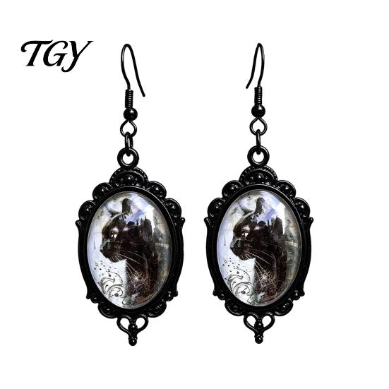 Niche Design Transparent Time Gem Jewelry 1 Pair Halloween Gothic Black Cat Earrings for Women, Vintage Durable Zinc Alloy Retro Dark Punk Style