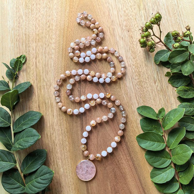 Sunstone,Madagascar Rose Quartz,Yellow Pagoda Mala Necklace,Rose Quartz Pendant,JapaMala,108 Knotted Beads Healing Yoga Gift