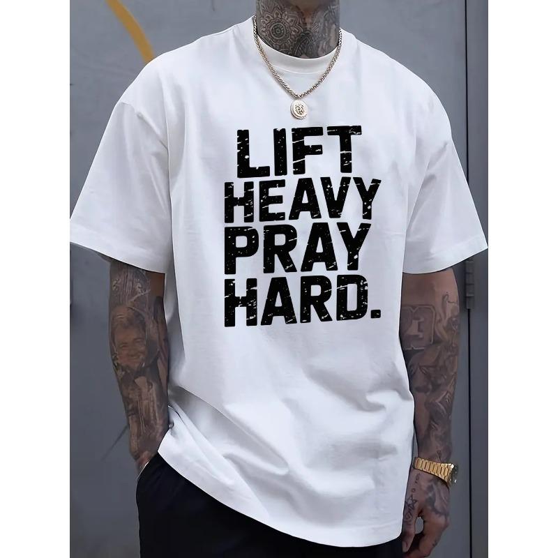 Европейские размеры Мужская тяжелая футболка для зала - LIFT HEAVY PRAY HARD Мотивирующая футболка для тренировок - Футболка Баланс Фитнеса и Веры - Можно стирать в машине