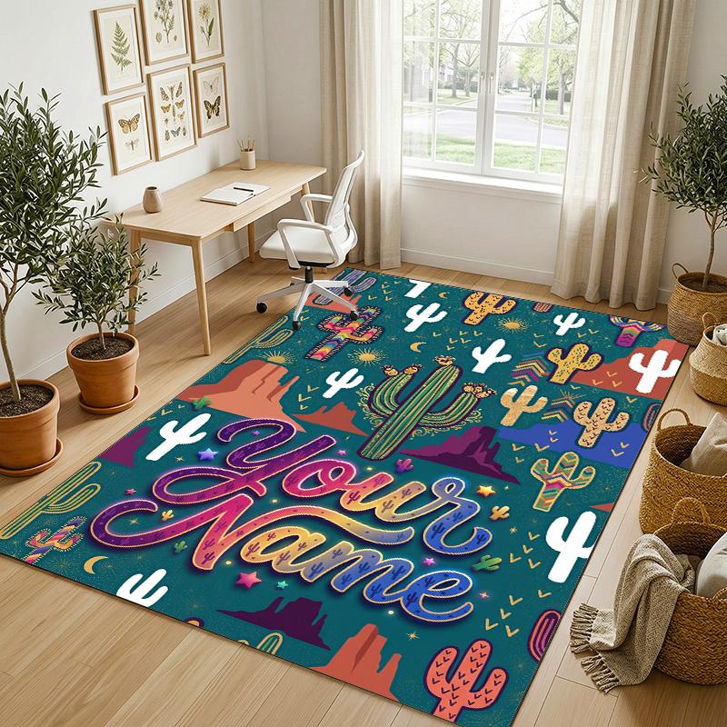 Desert Cactus Theme Soft Crystal Velvet Rug Custom Name & Text Print Non Slip Floor Rug for Bedroom Living Room