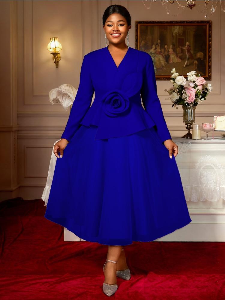 Элегантное женское платье А-силуэта с V-образным вырезом, длинными рукавами, 3D-цветами, баской, лоскутным узором из сетки, наряд для гостьи на свадьбу, в церковь, на вечеринку, осенняя новинка