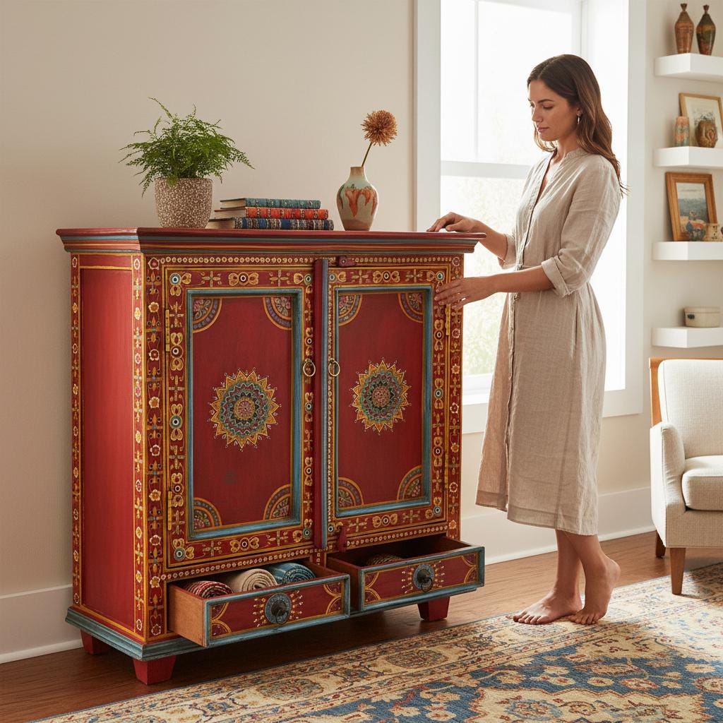Wooden Painted Flower Bedside Cabinet Storage Desk-Side Cabinet With 2 Drawer-Painted Nightstand Table,Wooden SideBoard Furniture Home Decor