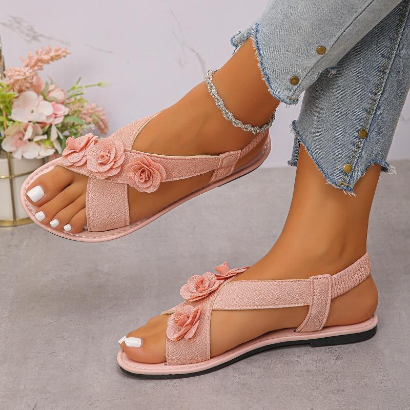 Женские сандалии-слайды с широким ремешком крест-накрест - Вышитые цветочные сандалии-слайды с широкой полосой, пляжные шлепанцы с открытым носком