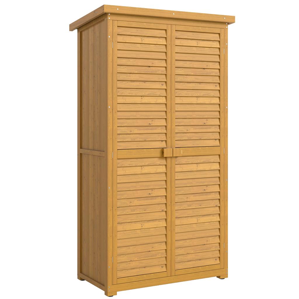 Wooden Small Shed, Garden Storage Shed with 3 Shelves, Asphalt Roof and Shutter Doors, Natural Wood Finish