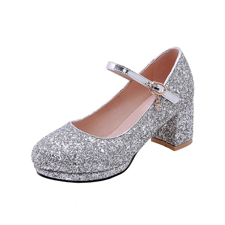 Women Glitter Golden Pumps Chunky Block Heels Platform Mary Jane Sequined Silver Shoes Woman Wedding Party 43