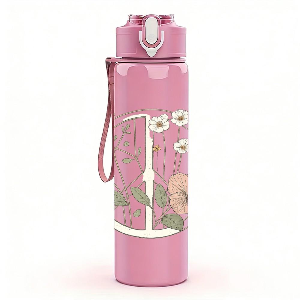 1PC Wreath Wildflower Line Art 750ml Color Plastic Sports Water Bottle Leakproof Flip Straw Lid Suitable for Sports Office Home Use