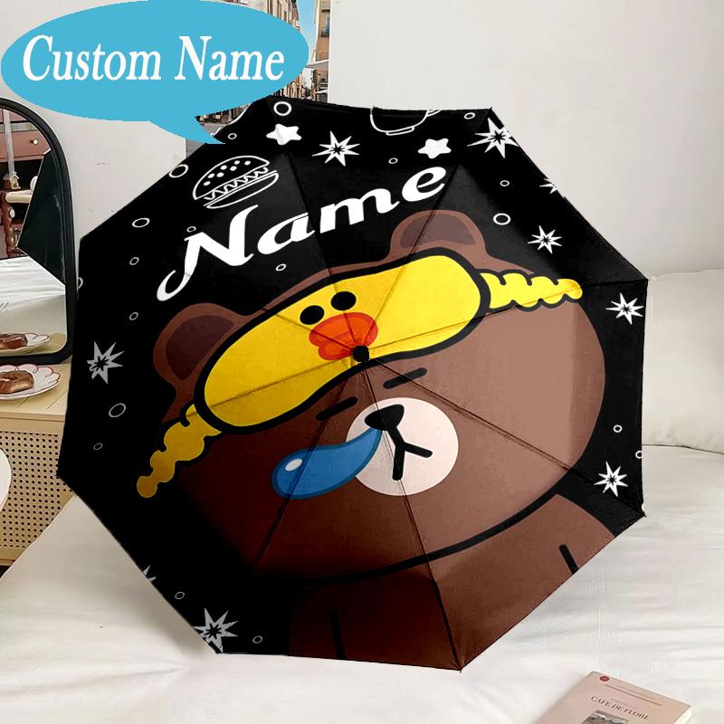 Custom Name Umbrella Cute Cartoon Brown Bear Umbrella 8-Frame for Travel, Camping, Casual Lightweight Portable, Essential for Family Gifts