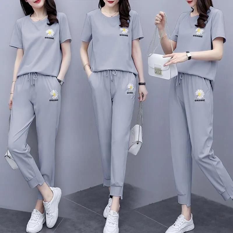 Женский летний удобный спортивный костюм, футболка с круглым вырезом и коротким рукавом + повседневные брюки, комплект из двух предметов