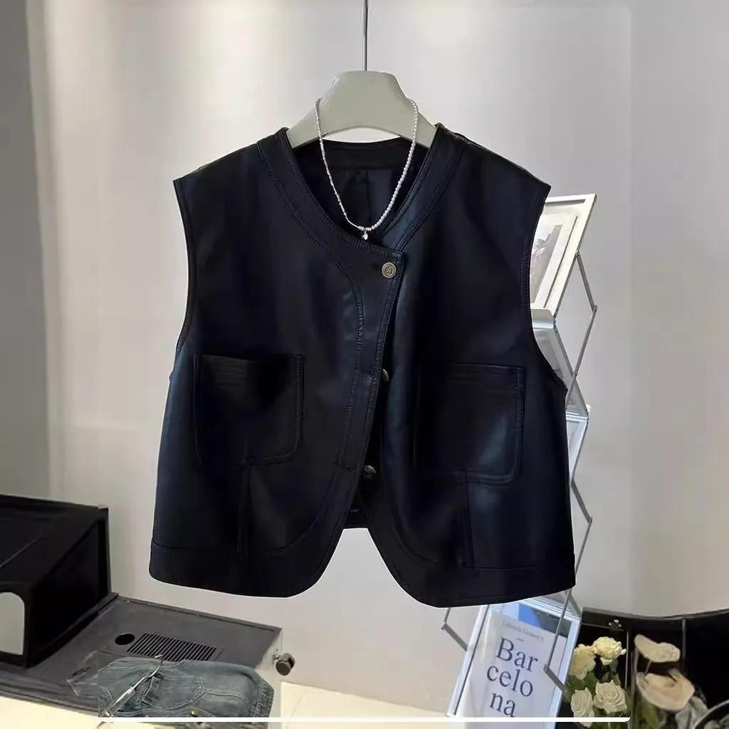 Женский простой свободный жилет пэчворк для通勤, уличная одежда из искусственной кожи, без рукавов, куртка на пуговицах