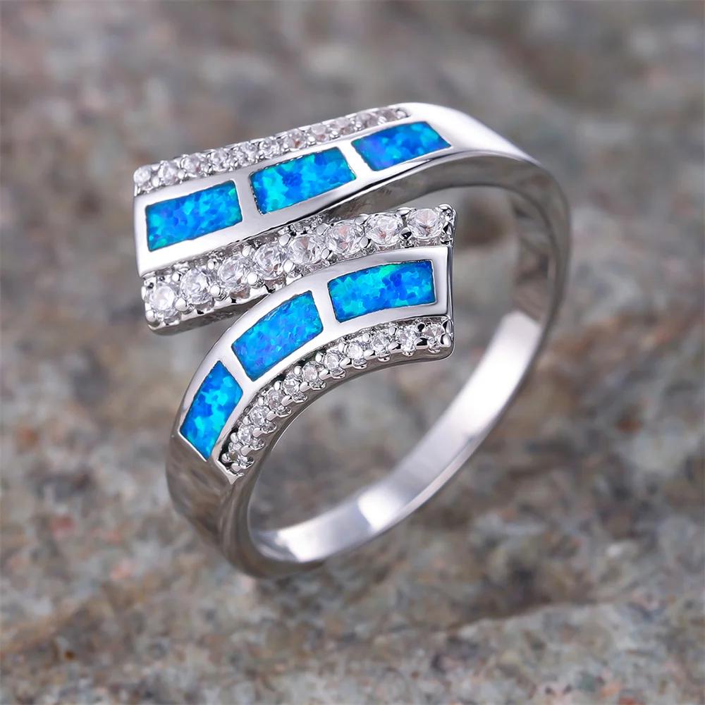 Geometric Blue Opal Engagement Rings for Women Vintage Silver Color Luxury Crystal White Zircon Wedding Band Jewelry