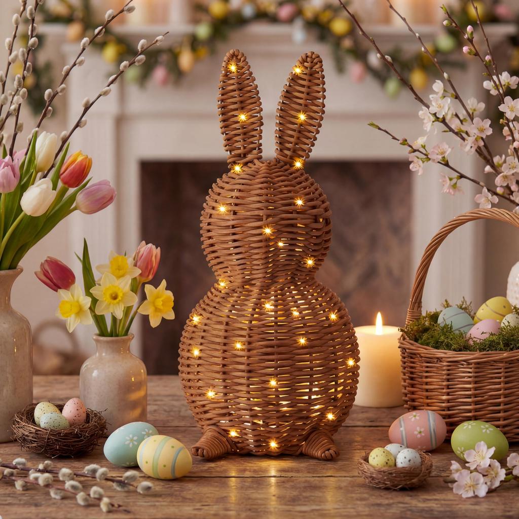 Modern Easter Wicker Bunny Ornament, 13.8-inch Woven Bunny Desktop Figurine With String Lights