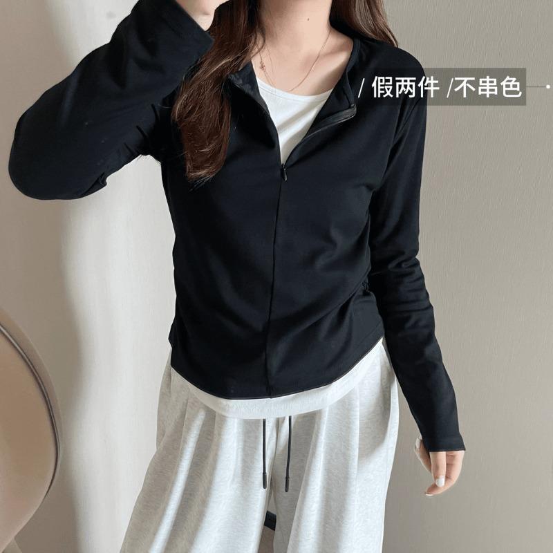 Женский топ с полумолнией, имитация двух частей, весенний, бордовый, с контрастной вставкой, с длинным рукавом, базовый