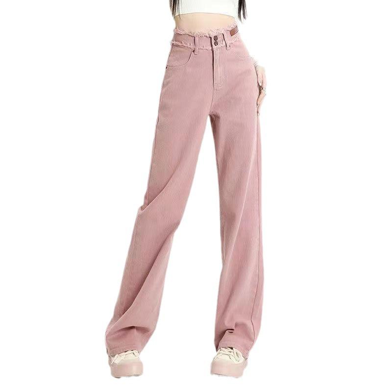 2024 Women's Dirty Pink High-Waist Straight Jeans - Loose, Slim Fit, Trendy Mopping Style