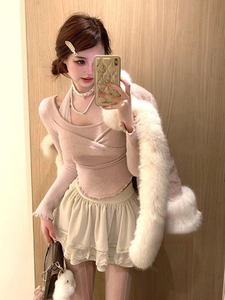 Janpanese Kawaii Sweet комплект из 2 предметов, женский вязаный топ с вырезом крестом, мини-юбка для торта, женский корейский модный дизайн, повседневный костюм, новинка 2024 года
