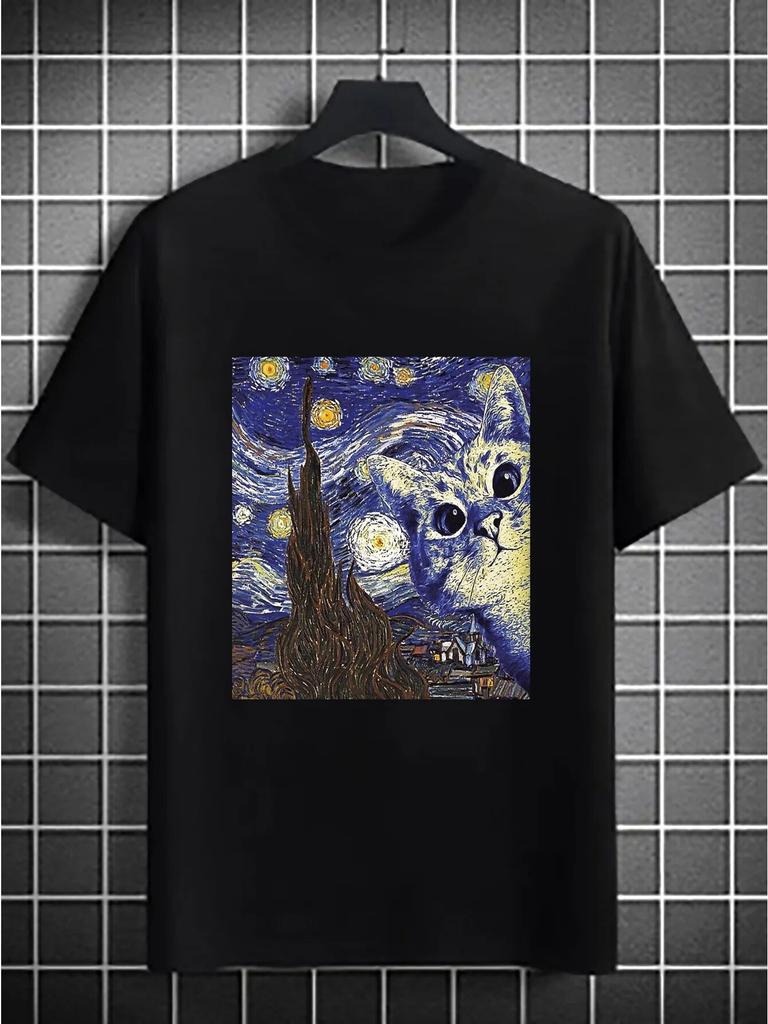 Unisex Casual Creative Cat Graphic Print Round Neck T-shirt, Summer Oversized Loose Tee Clothing Plus Size Unisex