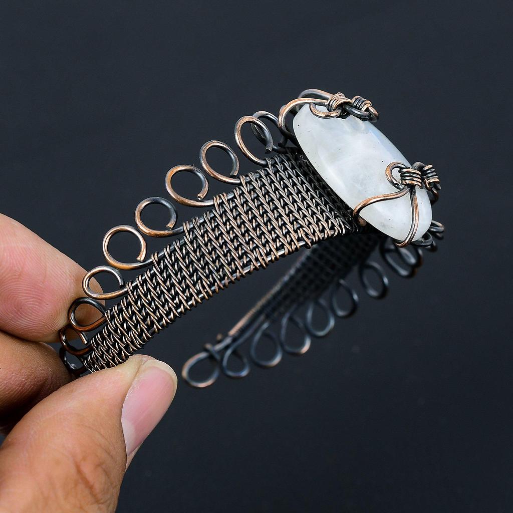 Радужный лунный камень, драгоценный камень, чистая медная проволока, завернутая в манжеты/браслет ручной работы, ювелирные изделия для подарка