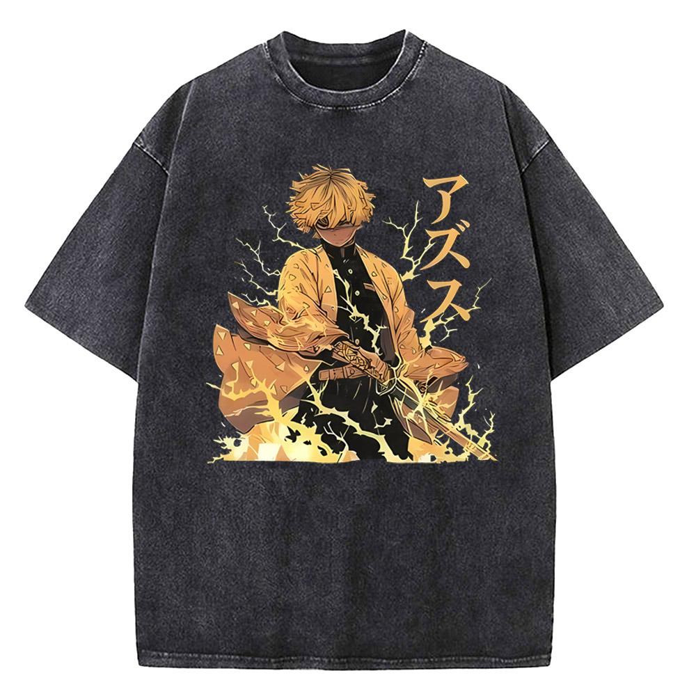Japanese Anime Demon Slayer Printed Tshirt Mens and Womens Washed Tshirt High Quality Vintage Cotton Tshirt YK Tops