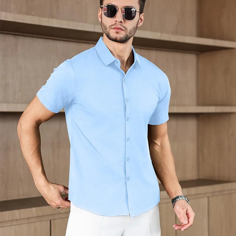 Мужская рубашка с коротким рукавом, однотонная, в стиле business casual, для летней моды, не требует глажки, удобный и универсальный топ