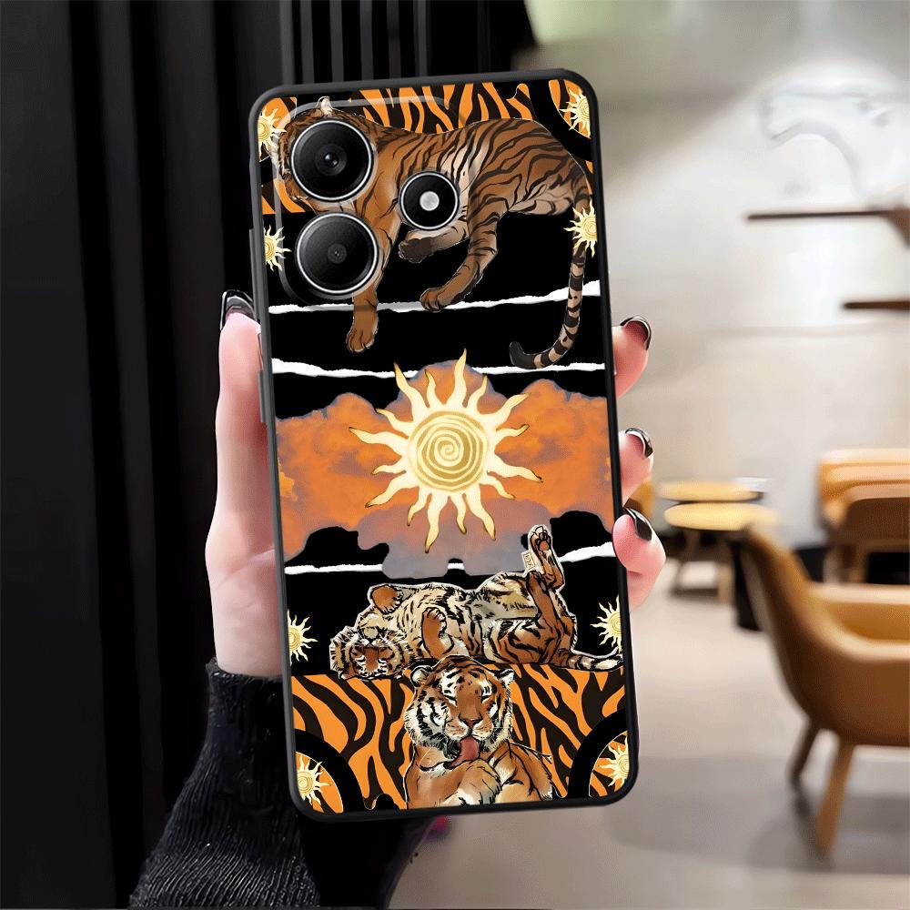 Cartoon Sunflower Tiger Case for Xiaomi Redmi Note 12s 11s 10S 9 10 11 12 Pro 7 8 9S 13 14 Pro Plus Black Soft Phone Cover