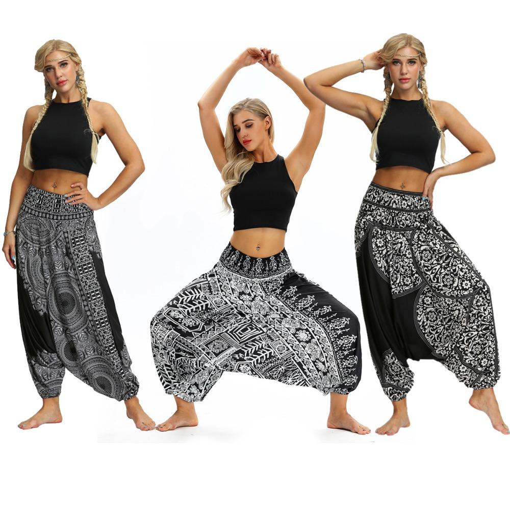 Qii-Leggings Women Casual Loose Yoga Trousers Baggy Boho Aladdin Jumpsuit Pants