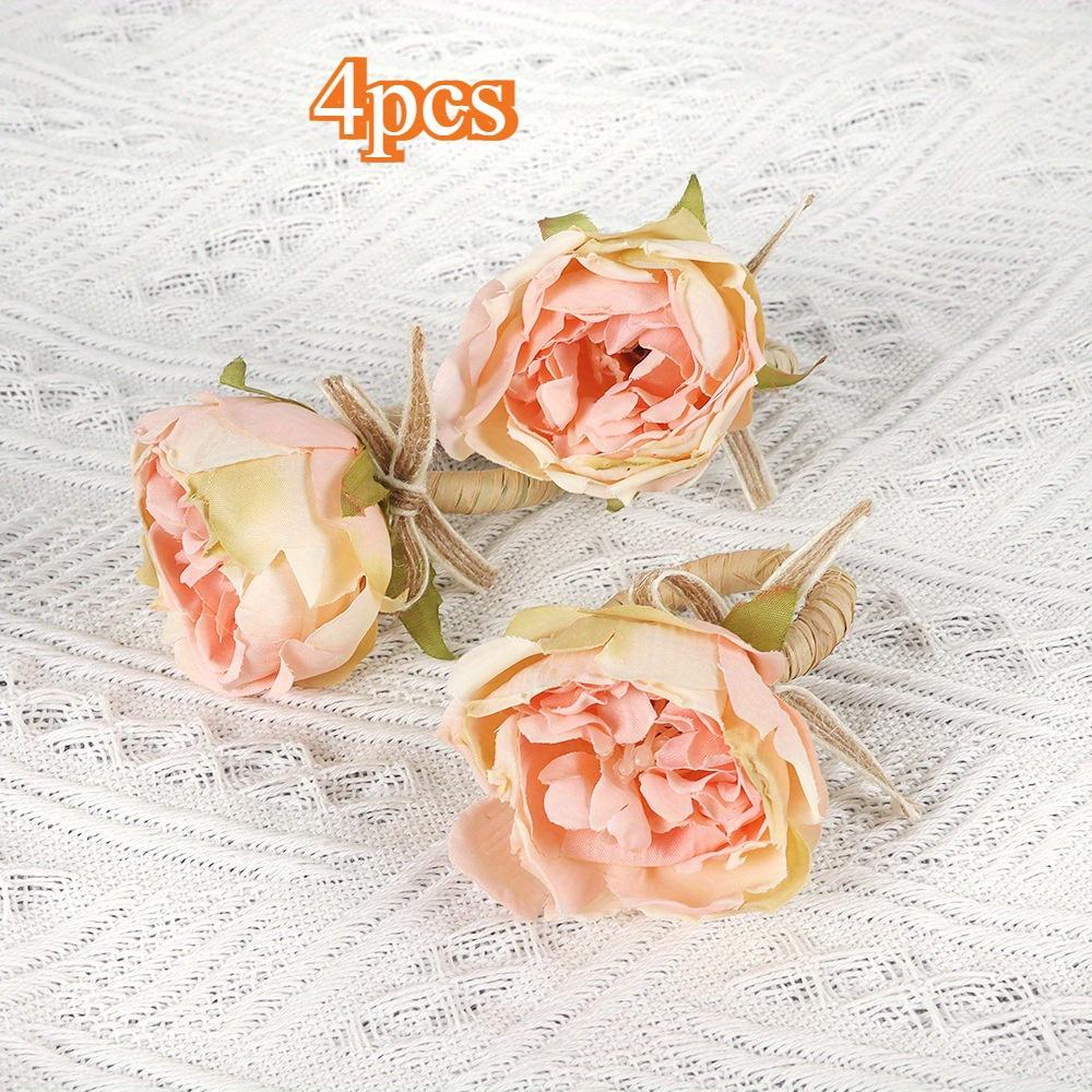 4PCS Elegant Pink Peony Flower Napkin Rings - Handcrafted with Burlap & Twine, Perfect for Weddings, Luncheons, Picnics, Banquets, Christmas
