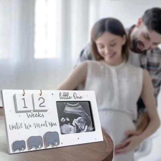 Baby Sonogram Picture Frame Wooden Ultrasound Photo Frame with Countdown Weeks Pregnancy Milestone