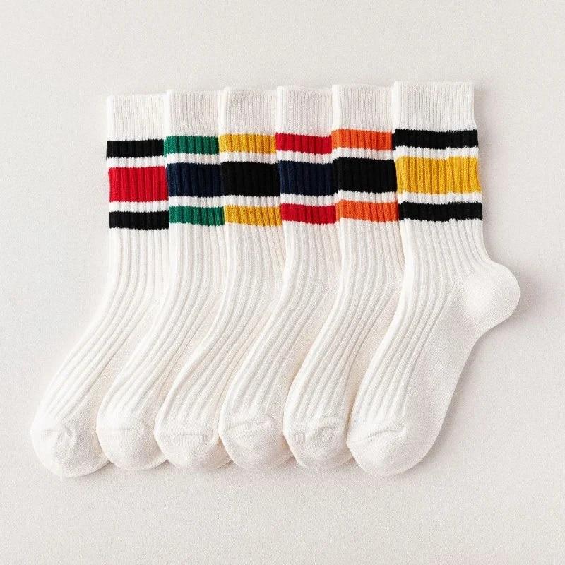 Мужские полосатые носки в японском стиле, свободные носки для школьников, носки в стиле Харадзюку, однотонные спицы, вязальные хлопковые носки