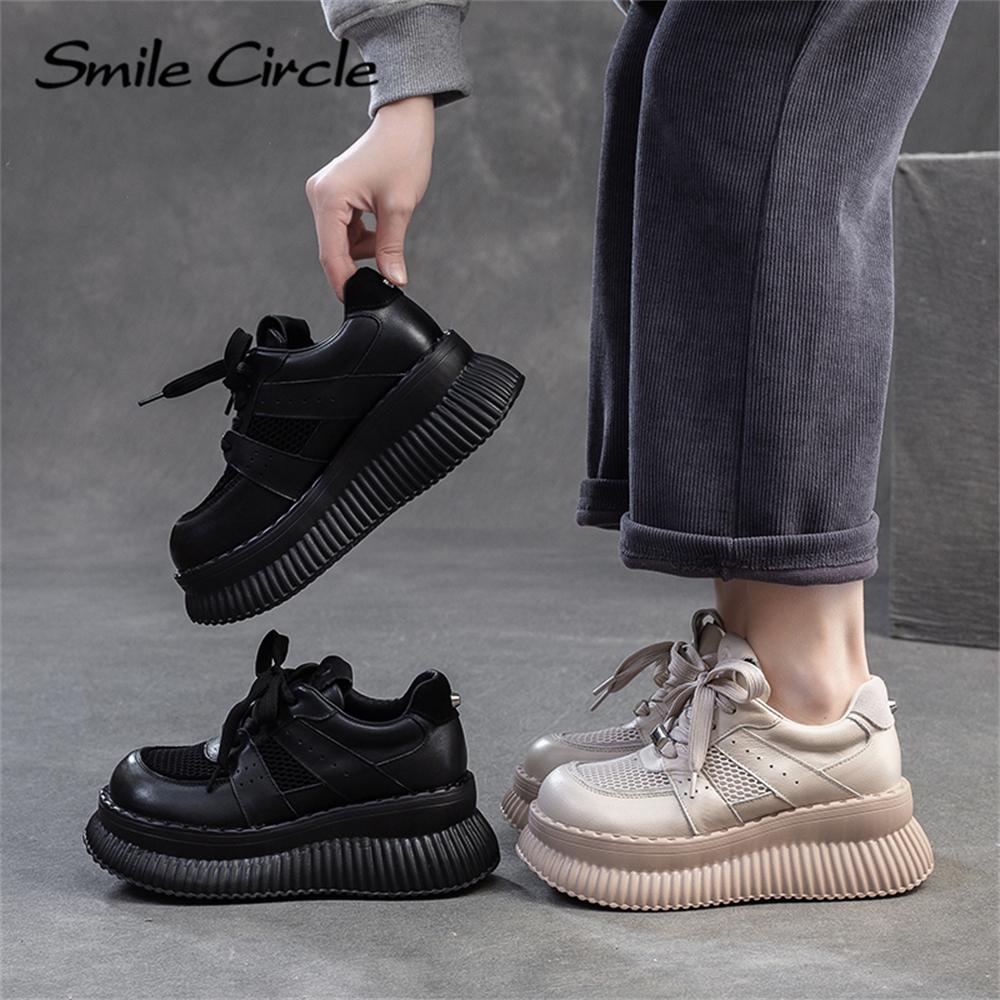 Женская повседневная обувь из натуральной кожи с круглым носком, увеличивающая рост, на толстой подошве, дышащая, удобная, плоская обувь