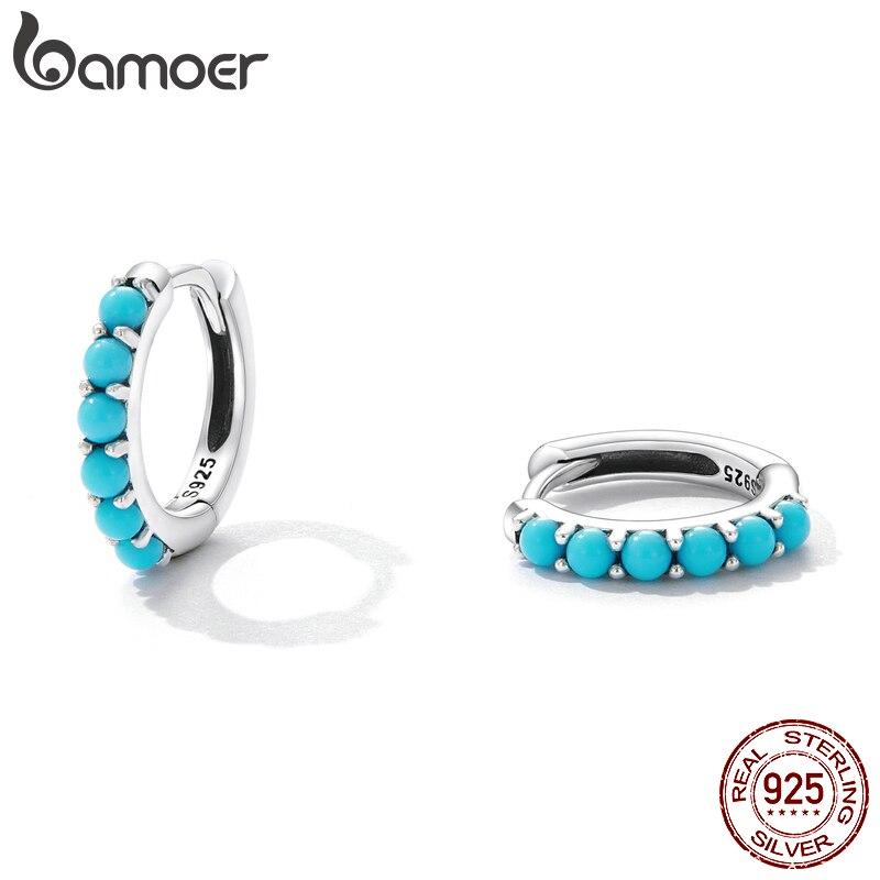 BAMOER 925 Sterling Silver Stackable Blue Turquoise Ear Buckles for Female Fashion Modern Hoop Earrings for Women Fine Jewelry