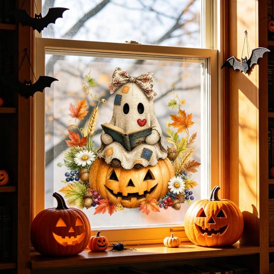 Halloween Window Cling Vintage Patch Ghost Static Clings, Thanksgiving Pumpkin Bow Maple Leaf Autumn Home Decoration Glass Stickers, Reusable