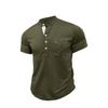 Men Black Stand Collar Henley Neck Short Sleeve T Shirt With Chest Pocket Casual Summer
