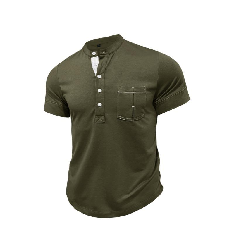 Men Black Stand Collar Henley Neck Short Sleeve T Shirt With Chest Pocket Casual Summer