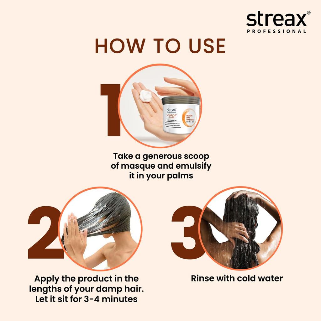 Streax Профессиональная маска для волос Vitariche Care Repair Max 200 г для поврежденных сухих волос для мужчин и женщин