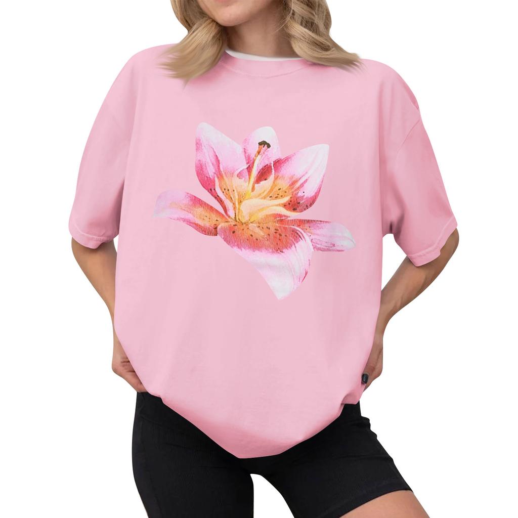 Women's Casual Printed T-Shirt Round Neck Pullover Short Sleeve Top