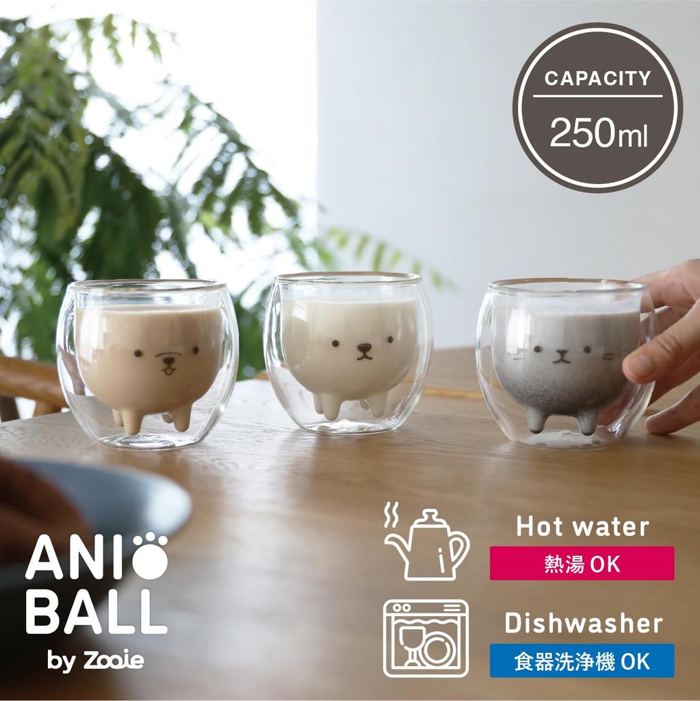 CB Japan 250ml Dishwasher ANIBALL Double Glass Heat-Resistant Glass, [Cat Ball], Condensation-Resistant, Double-Walled Construction, Boilable, Safe,
