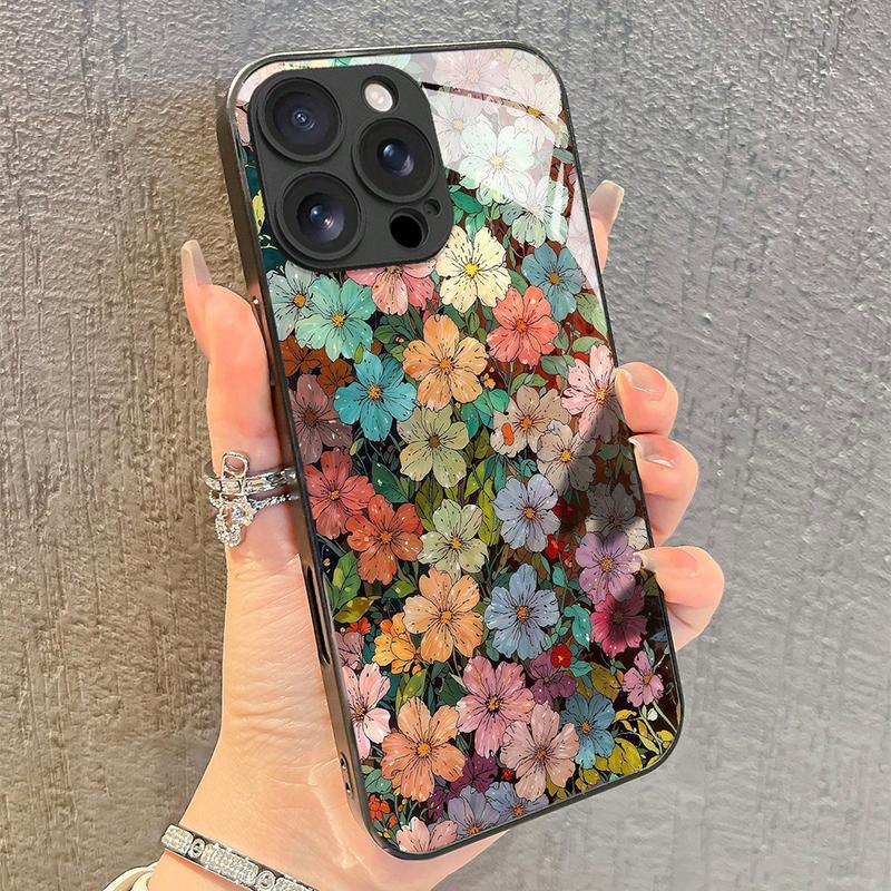 Стильный Чехол из Закаленного Стекла с Ярким Цветочным Узором HD для iPhone 17 16 15 14 13 12 11 Pro Max 16E 7 8 Plus XR XS X