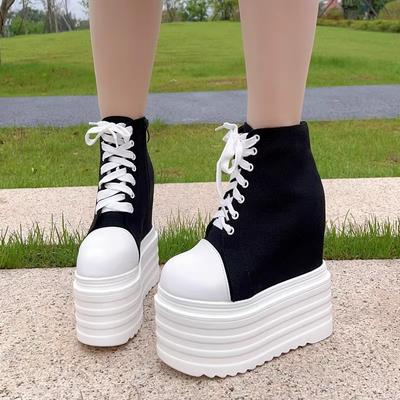 Женские парусиновые туфли на высоком каблуке 14 см, женские туфли на платформе со скрытым каблуком, женская резиновая подошва, нескользящие женские туфли на платформе