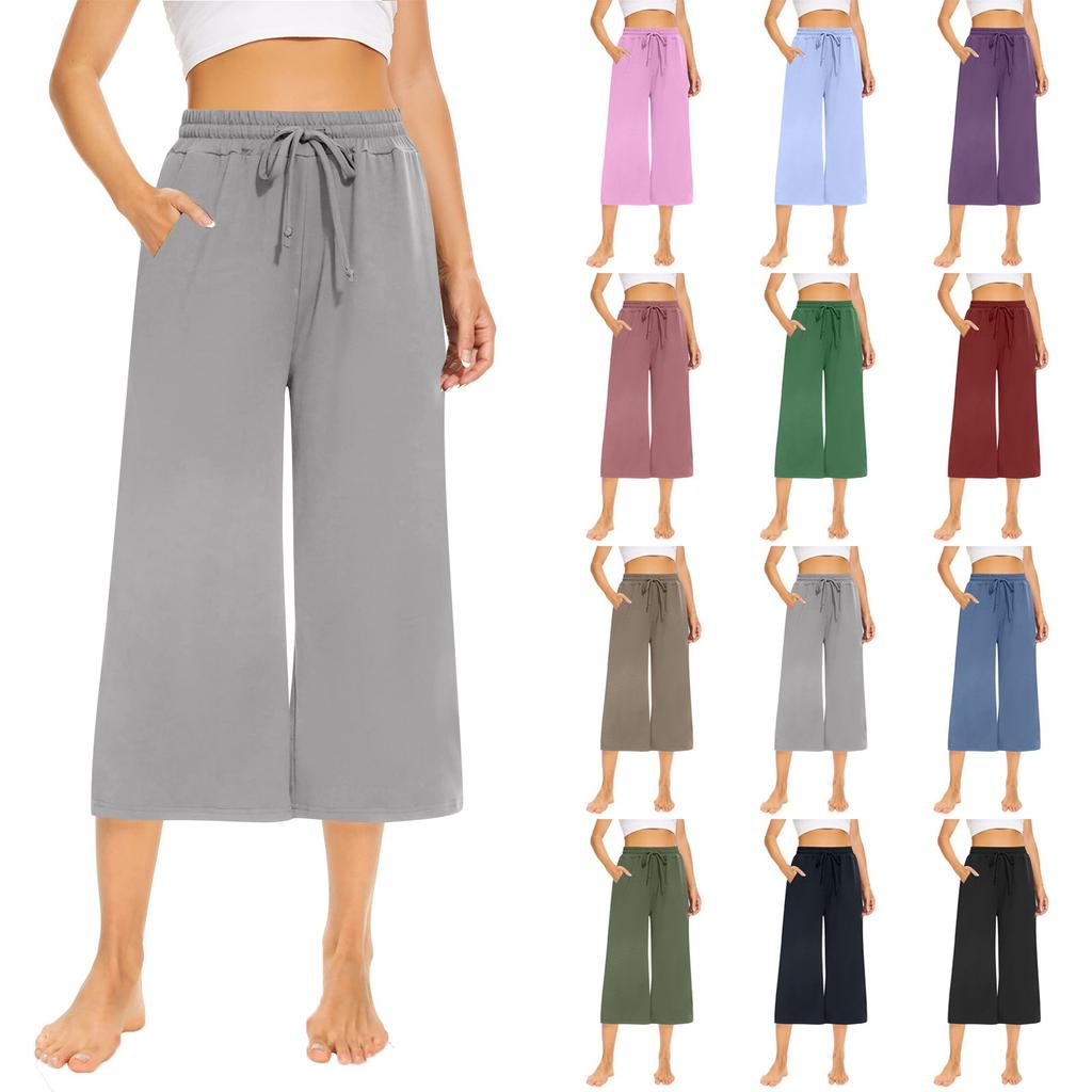 Женские свободные укороченные брюки, широкие брюки для йоги на шнурке, удобные брюки с карманами