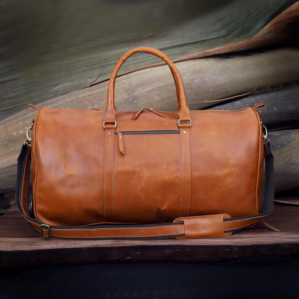 Handmade Leather Trolley Duffel: Personalized Mens Weekender Holdall Bag Gift him