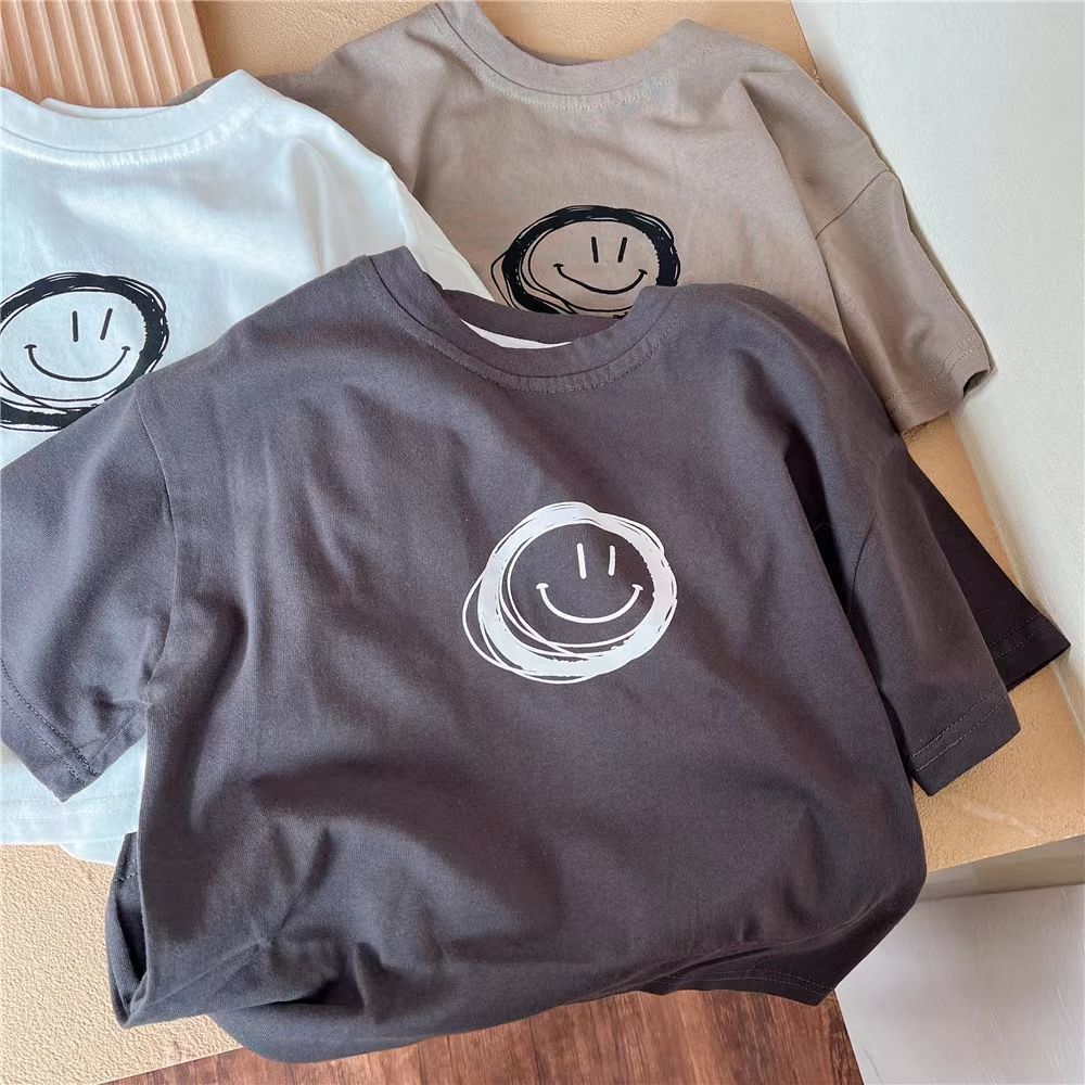 Children Unisex Boys Girls Summer Short Sleeve O Neck Cotton Smile Face Printed Cute T Shirt Top