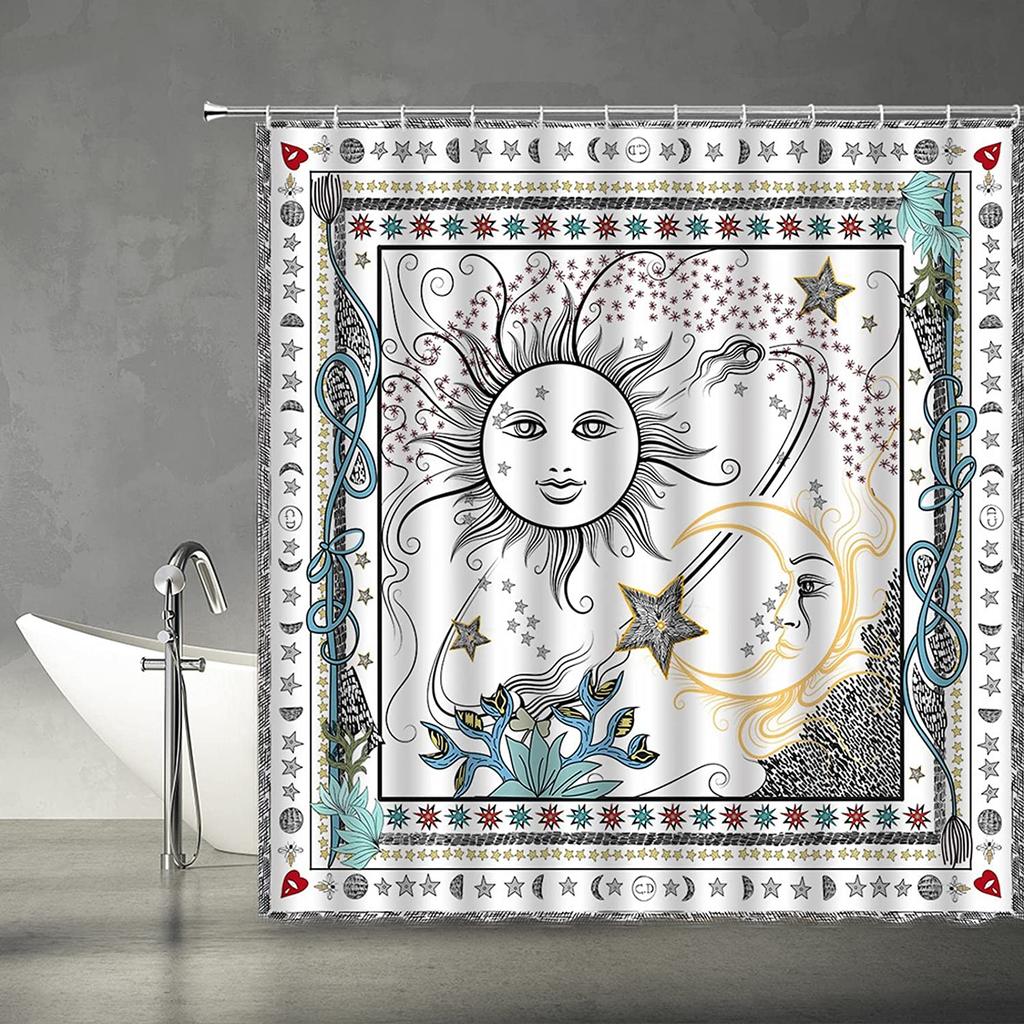 Mandala Celestial Shower Curtain Boho Moon Star Black And White Waterproof Polyester Fabric Bathroom Curtains Home Decor Hooks