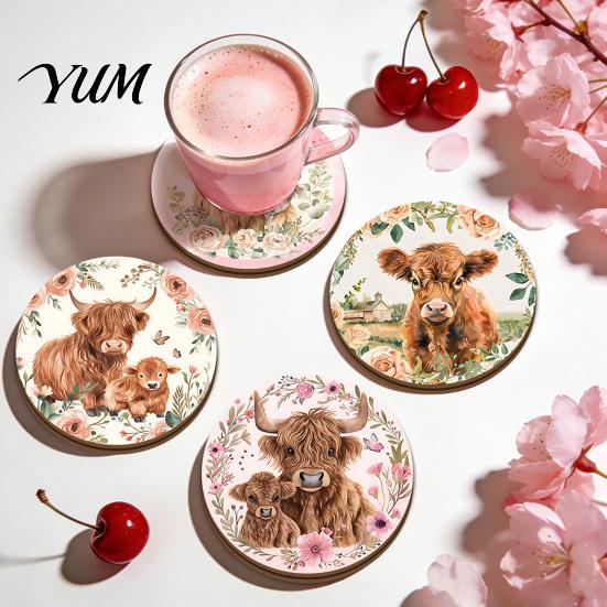 Durable Wear Resistant Drink Coasters Highland Cow Cork Coasters, Cute Floral Farmhouse Mats with Heat Cup Non-Slip Base, Table Protector for