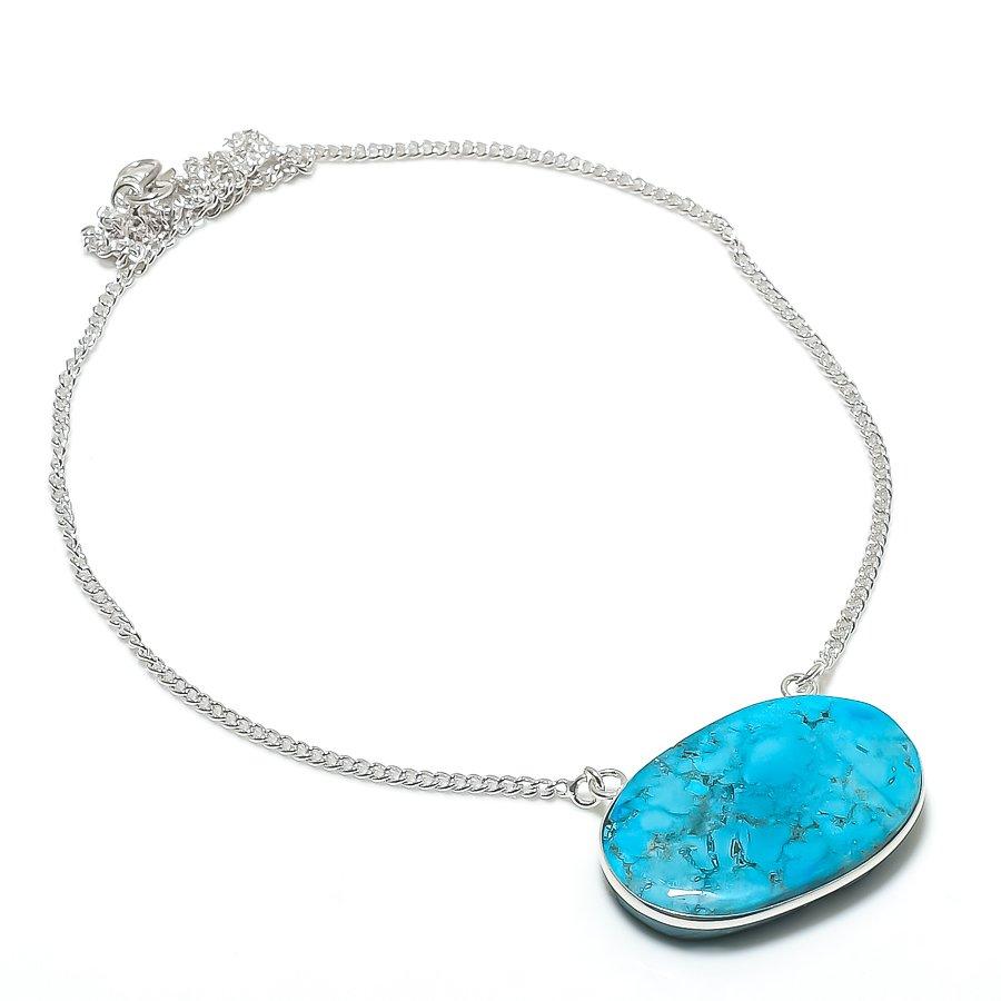Ожерелье из серебра 925 пробы с натуральным тибетским бирюзовым камнем 18 дюймов T2O86