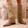 Vintage Wedge Heel Tall Boots Fall Winter New Pointed Toe Suede Side Zip Belt Buckle Soft Sole Single Shoes