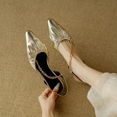 Мода НОВЫЕ Летние Женские Сандалии Обувь из Натуральной Кожи для Женщин Закрытый Носок Слингбэк Обувь Острый Носок Тонкий Каблук Обувь Цепочки Сандалии